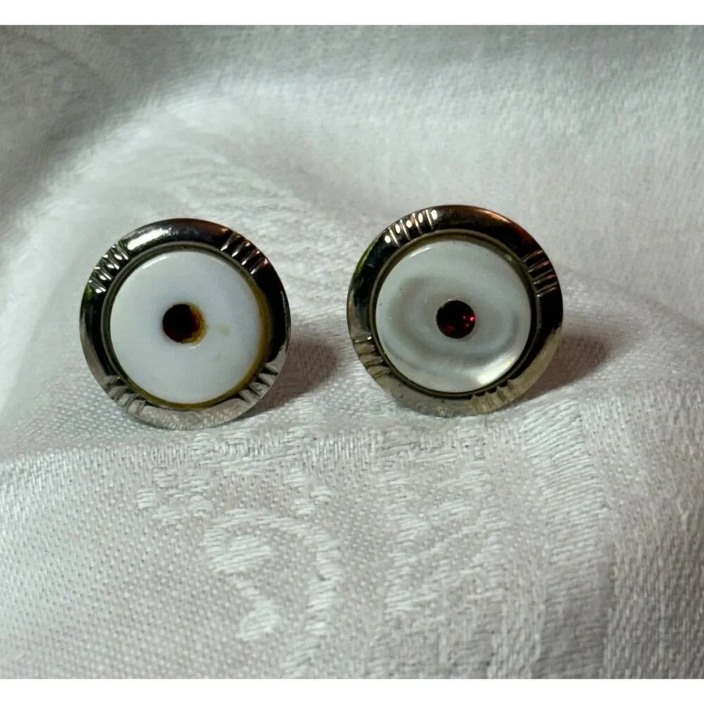 Vintage Silver-Tone Cuff Links Round White Lucite Red Rhinestone
